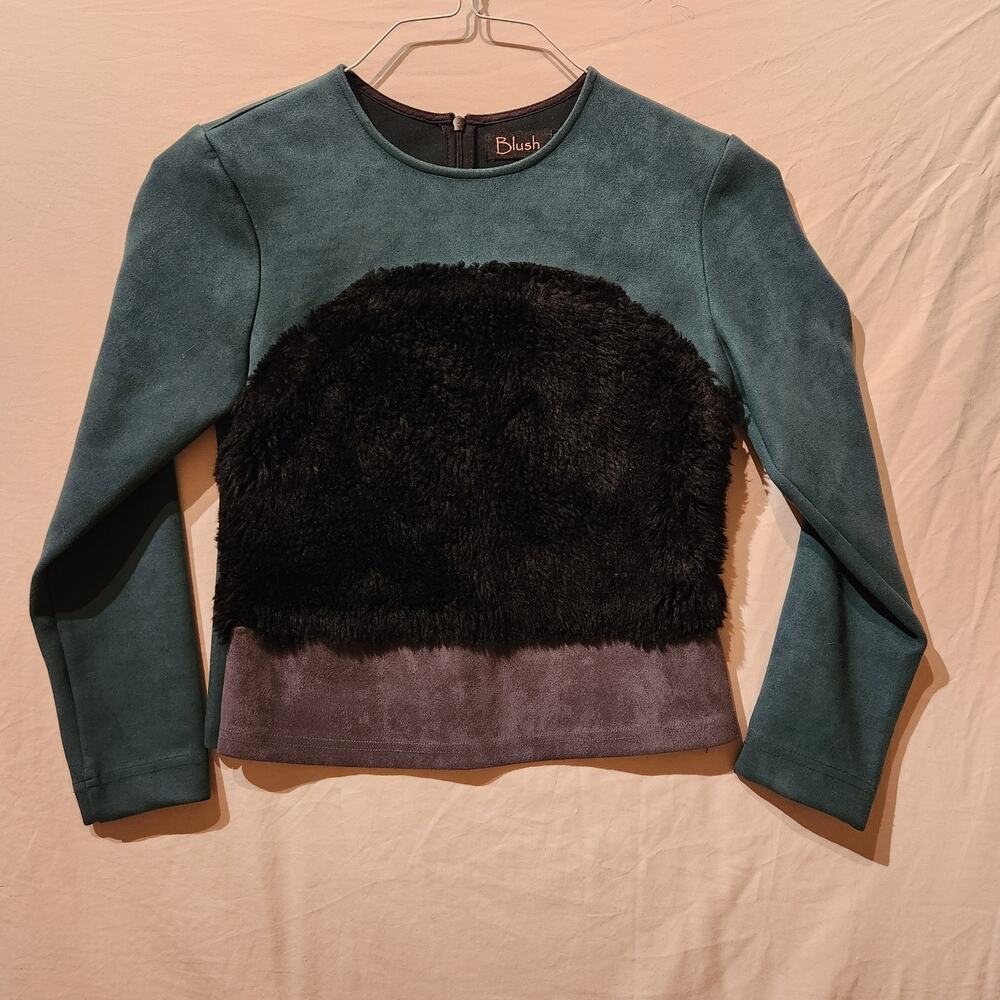 Faux Suede And Faux Shearling Colorblock Sweater Women's XS Holiday Winter Top